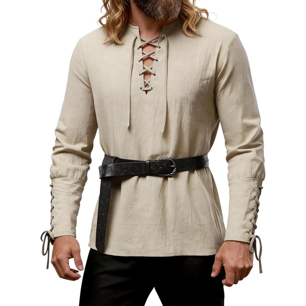 imageJEMITOP Mens Pirate Renaissance Cotton Arm Banded Shirt Long Sleeve Lace Up Costume for Medieval Viking Without BeltKhaki