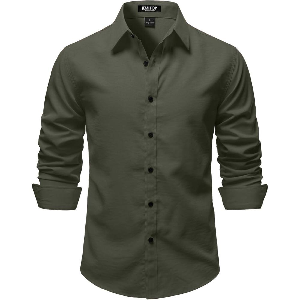 imageJEMITOP Mens Stretch Vintage Slim Fit Button Down Shirts Business Casual Long Sleeve Dress ShirtArmy Green
