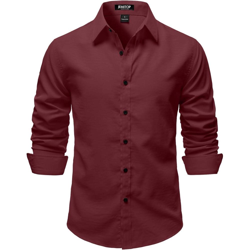 imageJEMITOP Mens Stretch Vintage Slim Fit Button Down Shirts Business Casual Long Sleeve Dress ShirtBurgundy