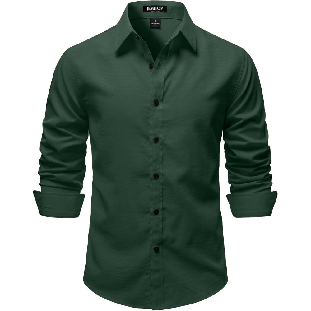 imageJEMITOP Mens Stretch Vintage Slim Fit Button Down Shirts Business Casual Long Sleeve Dress ShirtDark Green