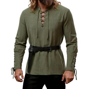 JEMITOP Men’s Pirate Renaissance Cotton Arm Banded Shirt Long Sleeve Lace Up Costume for Medieval Viking Without Belt(Army Green)