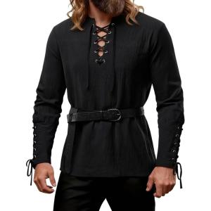 JEMITOP Men’s Pirate Renaissance Cotton Arm Banded Shirt Long Sleeve Lace Up Costume for Medieval Viking Without Belt(Black)