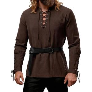 JEMITOP Men’s Pirate Renaissance Cotton Arm Banded Shirt Long Sleeve Lace Up Costume for Medieval Viking Without Belt(Dark Brown)