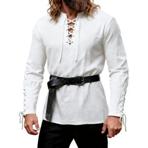 JEMITOP Men’s Pirate Renaissance Cotton Arm Banded Shirt Long Sleeve Lace Up Costume for Medieval Viking Without Belt(Ivory White)
