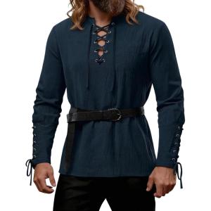 JEMITOP Men’s Pirate Renaissance Cotton Arm Banded Shirt Long Sleeve Lace Up Costume for Medieval Viking Without Belt(Navy Blue)