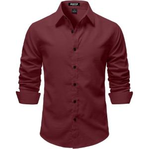 JEMITOP Mens Stretch Vintage Slim Fit Button Down Shirts Business Casual Long Sleeve Dress Shirt(Burgundy)