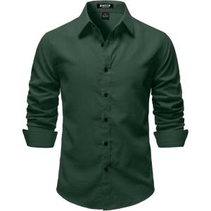 JEMITOP Mens Stretch Vintage Slim Fit Button Down Shirts Business Casual Long Sleeve Dress Shirt(Dark Green)