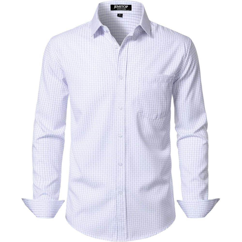 imageJEMITOP Mens Stretch Regular Fit Long Sleeve Dress Shirts Lightweight Business Casual Button Down Shirts with PocketWhite Purple Plaid