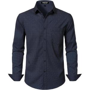 JEMITOP Men’s Stretch Regular Fit Long Sleeve Dress Shirts Lightweight Business Casual Button Down Shirts with Pocket(Navy White Polka Dots)