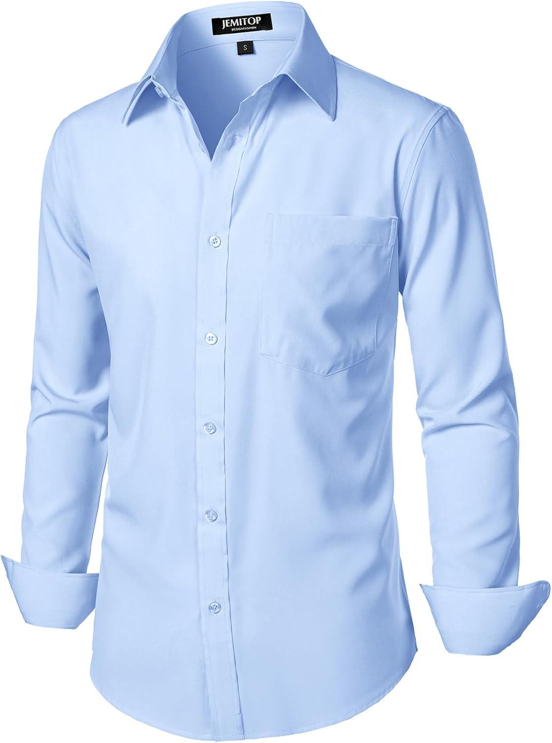 imageJEMITOP Mens Stretch Regular Fit Long Sleeve Dress Shirts Business Casual Button Down Shirts with PocketLight Blue