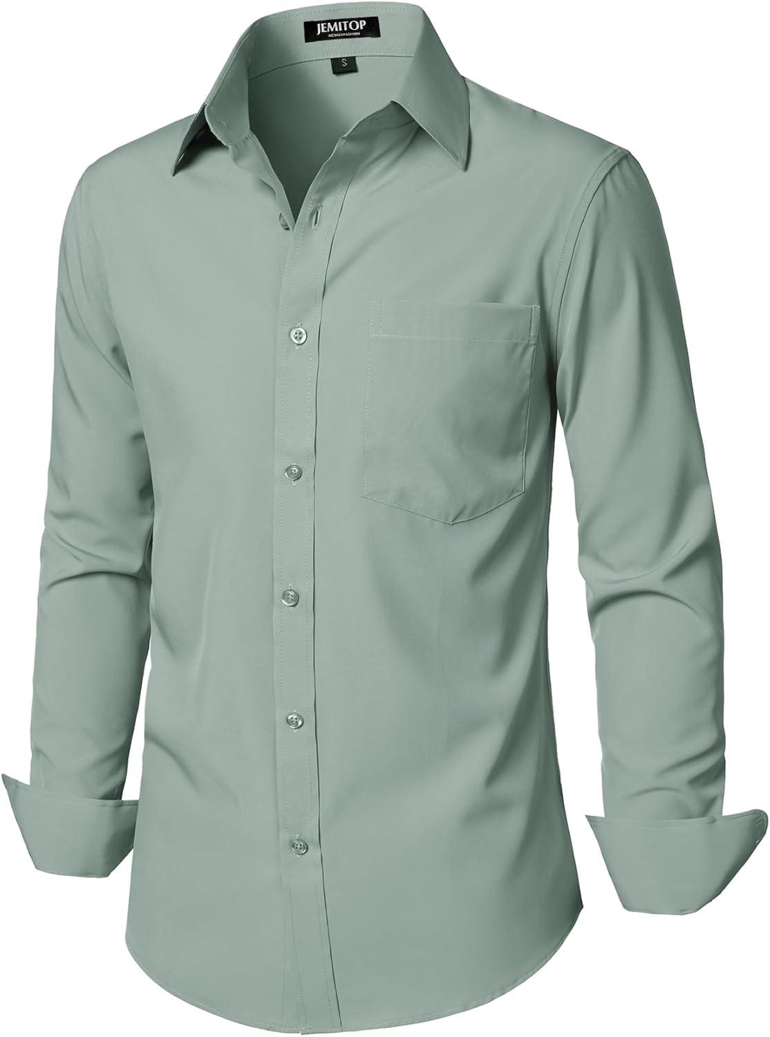 imageJEMITOP Mens Stretch Regular Fit Long Sleeve Dress Shirts Business Casual Button Down Shirts with PocketLight Green