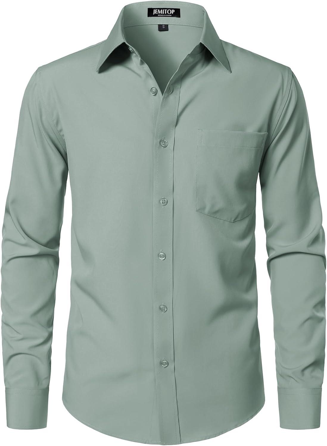 imageJEMITOP Mens Stretch Regular Fit Long Sleeve Dress Shirts Business Casual Button Down Shirts with PocketLight Green