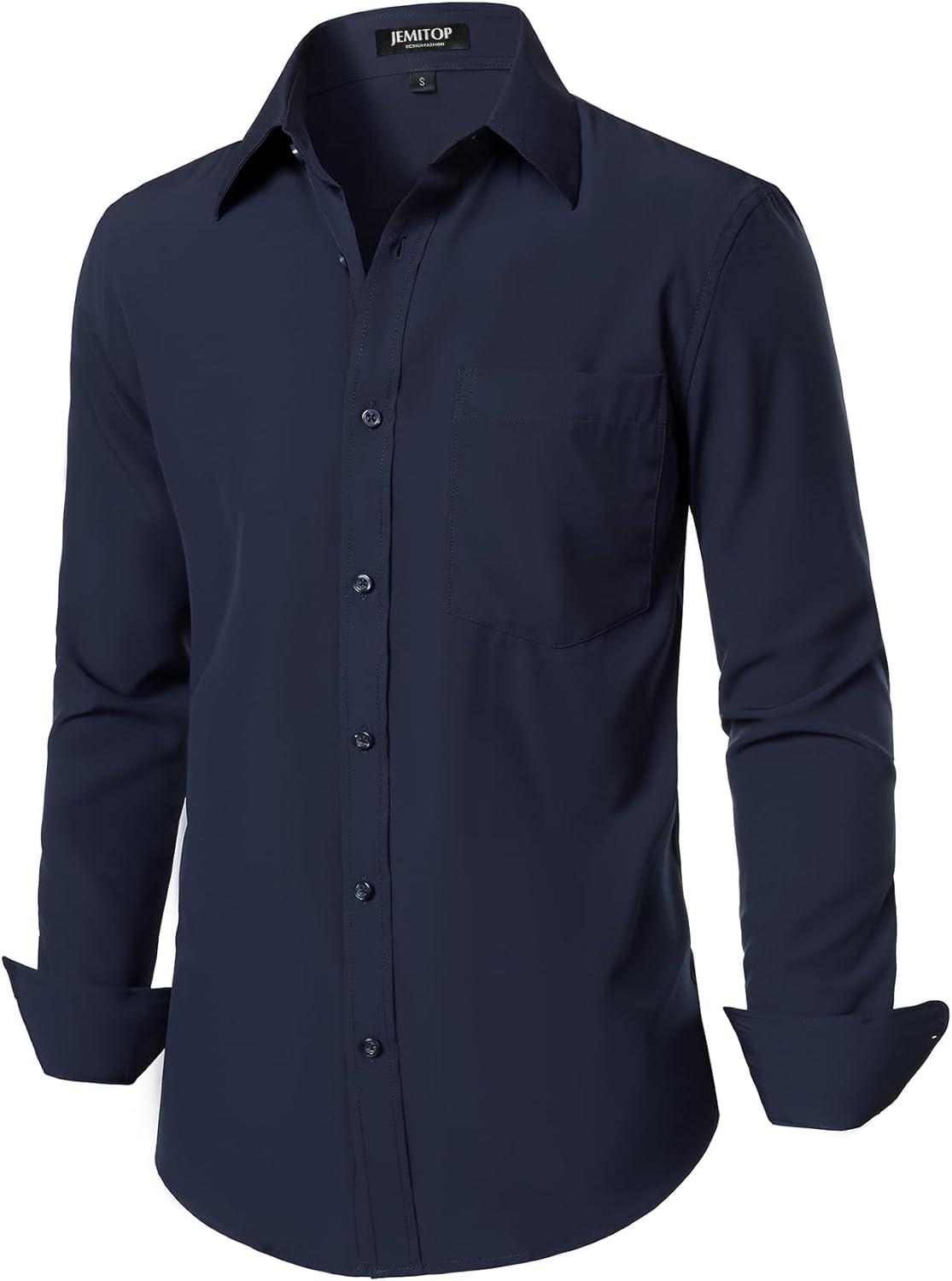 imageJEMITOP Mens Stretch Regular Fit Long Sleeve Dress Shirts Business Casual Button Down Shirts with PocketNavy Blue