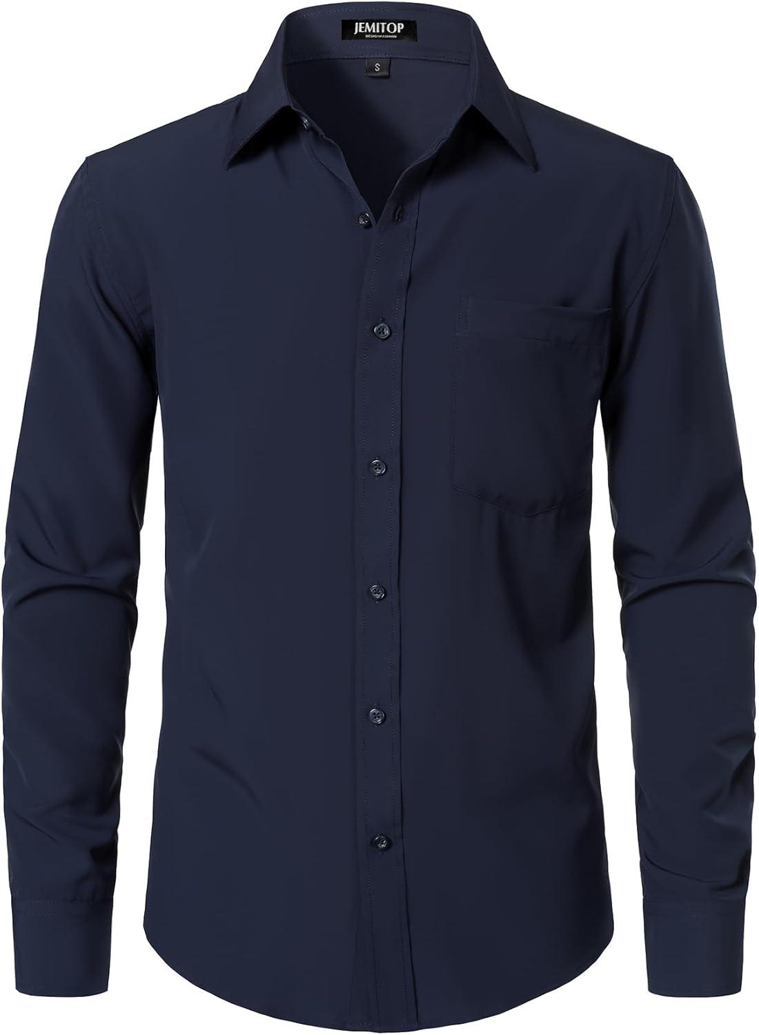 imageJEMITOP Mens Stretch Regular Fit Long Sleeve Dress Shirts Business Casual Button Down Shirts with PocketNavy Blue