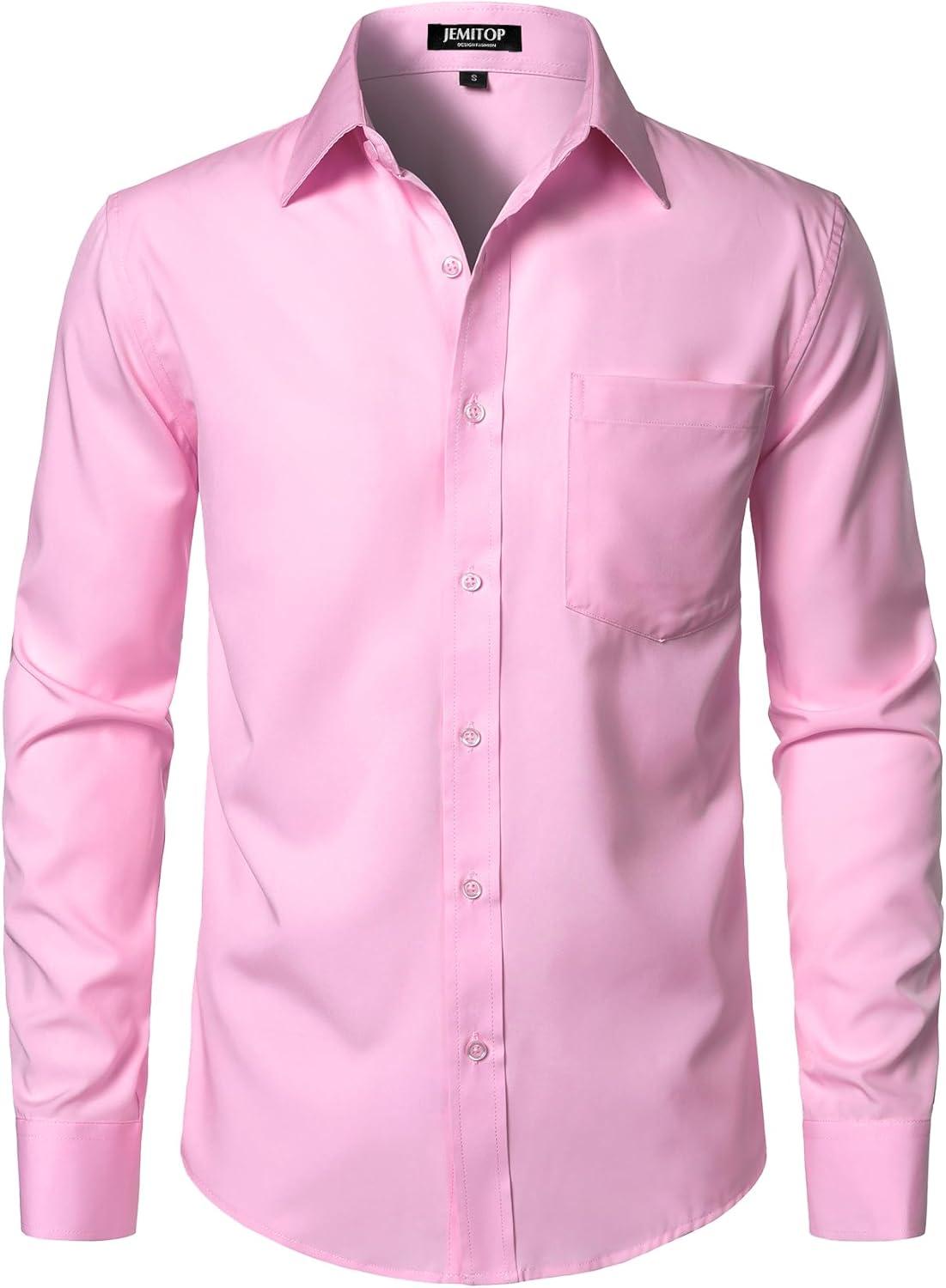 imageJEMITOP Mens Stretch Regular Fit Long Sleeve Dress Shirts Business Casual Button Down Shirts with PocketPink