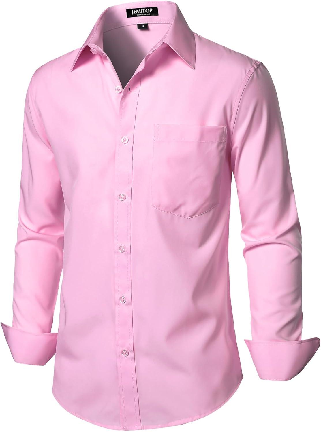 imageJEMITOP Mens Stretch Regular Fit Long Sleeve Dress Shirts Business Casual Button Down Shirts with PocketPink