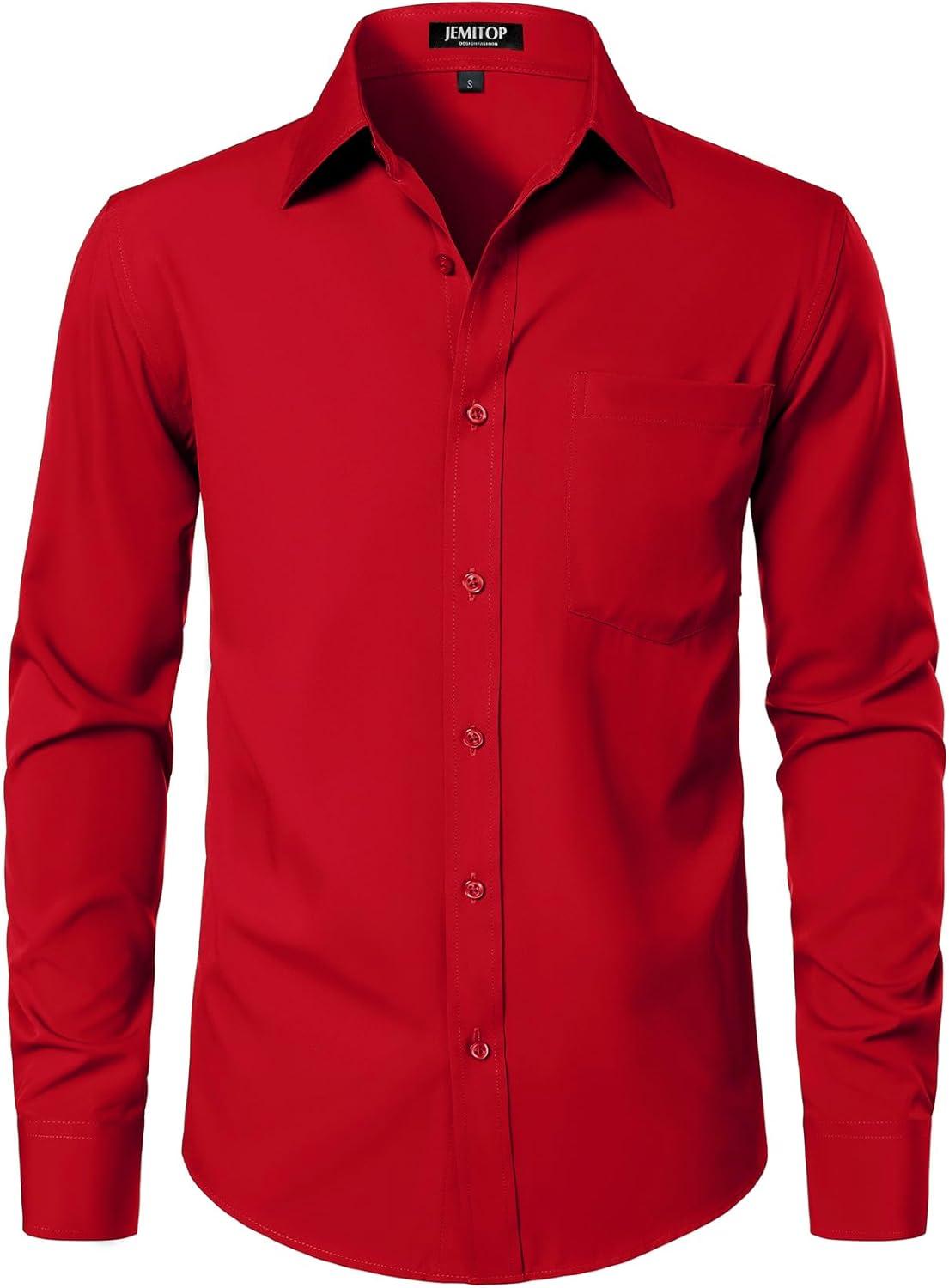 imageJEMITOP Mens Stretch Regular Fit Long Sleeve Dress Shirts Business Casual Button Down Shirts with PocketRed