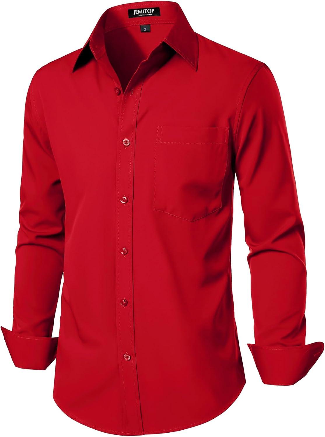 imageJEMITOP Mens Stretch Regular Fit Long Sleeve Dress Shirts Business Casual Button Down Shirts with PocketRed