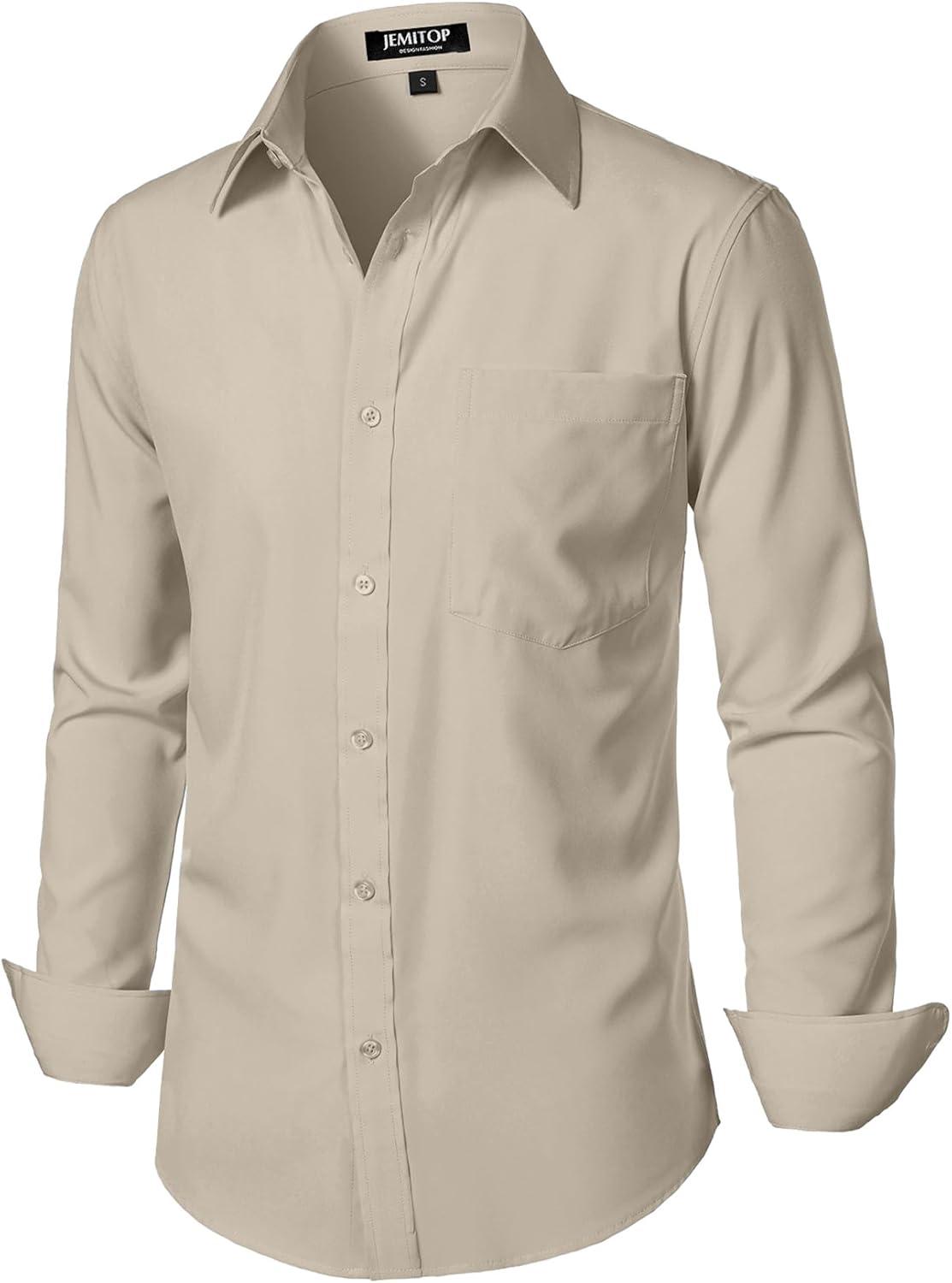 imageJEMITOP Mens Stretch Regular Fit Long Sleeve Dress Shirts Business Casual Button Down Shirts with PocketTan