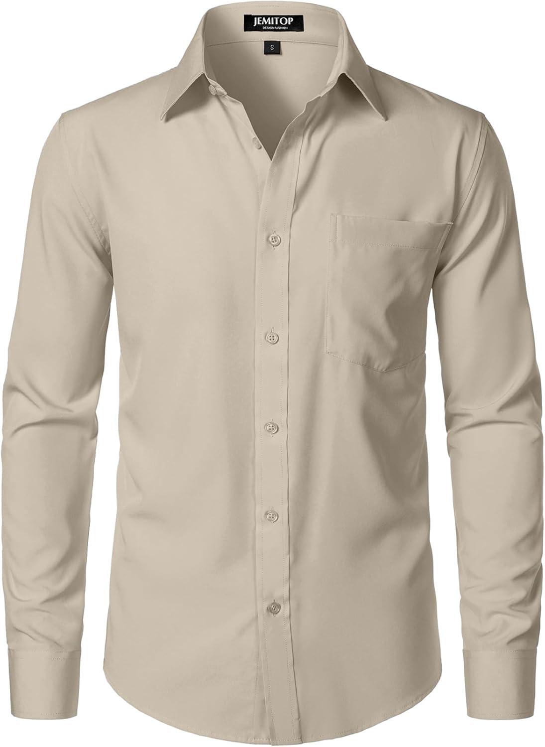 imageJEMITOP Mens Stretch Regular Fit Long Sleeve Dress Shirts Business Casual Button Down Shirts with PocketTan