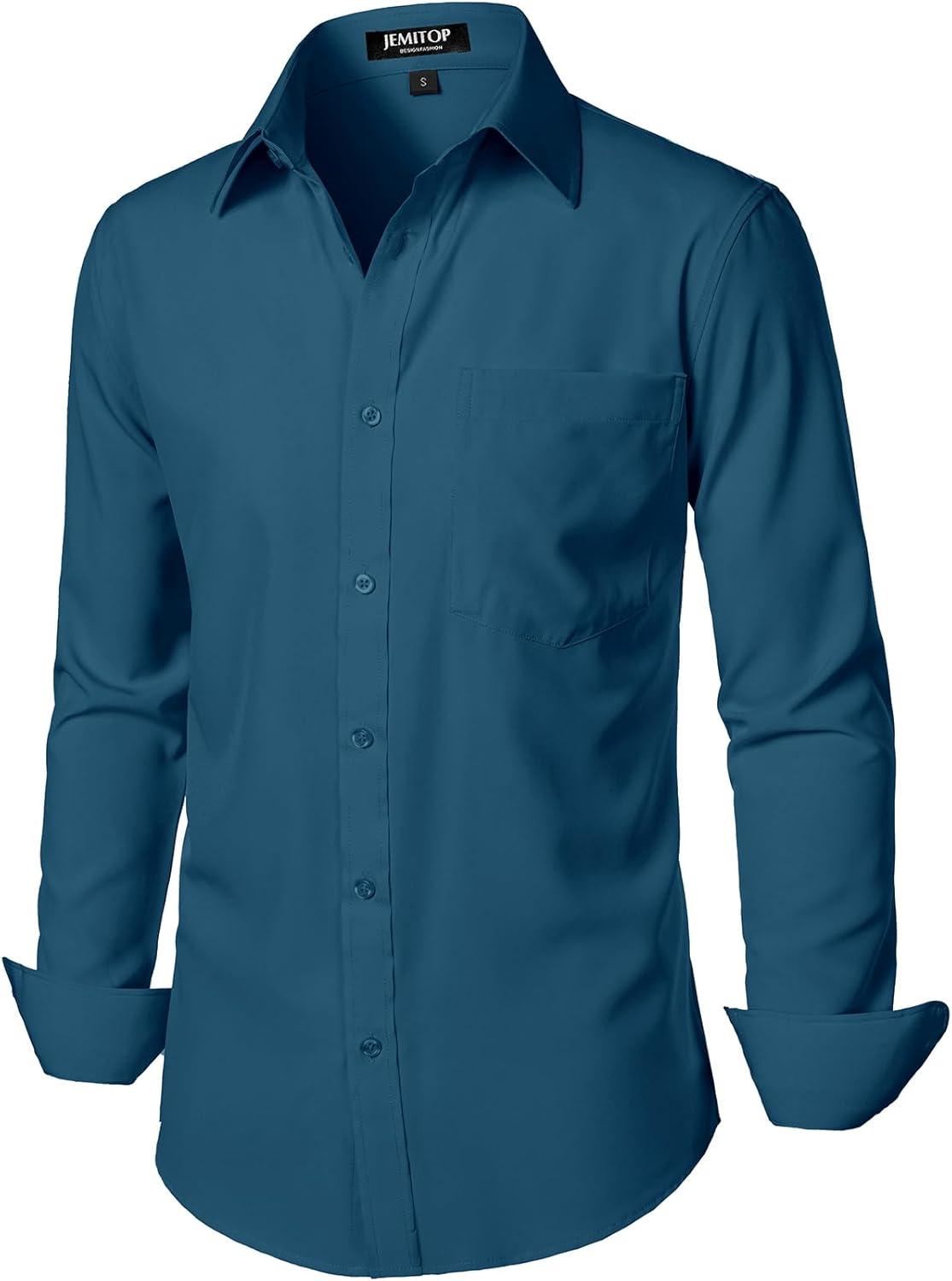 imageJEMITOP Mens Stretch Regular Fit Long Sleeve Dress Shirts Business Casual Button Down Shirts with PocketTeal