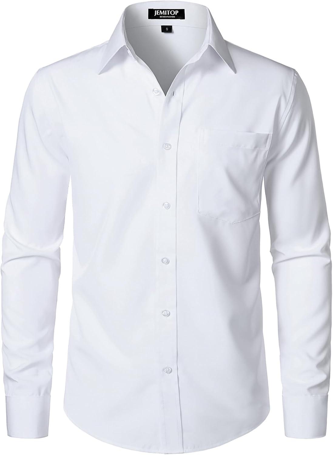 imageJEMITOP Mens Stretch Regular Fit Long Sleeve Dress Shirts Business Casual Button Down Shirts with PocketWhite