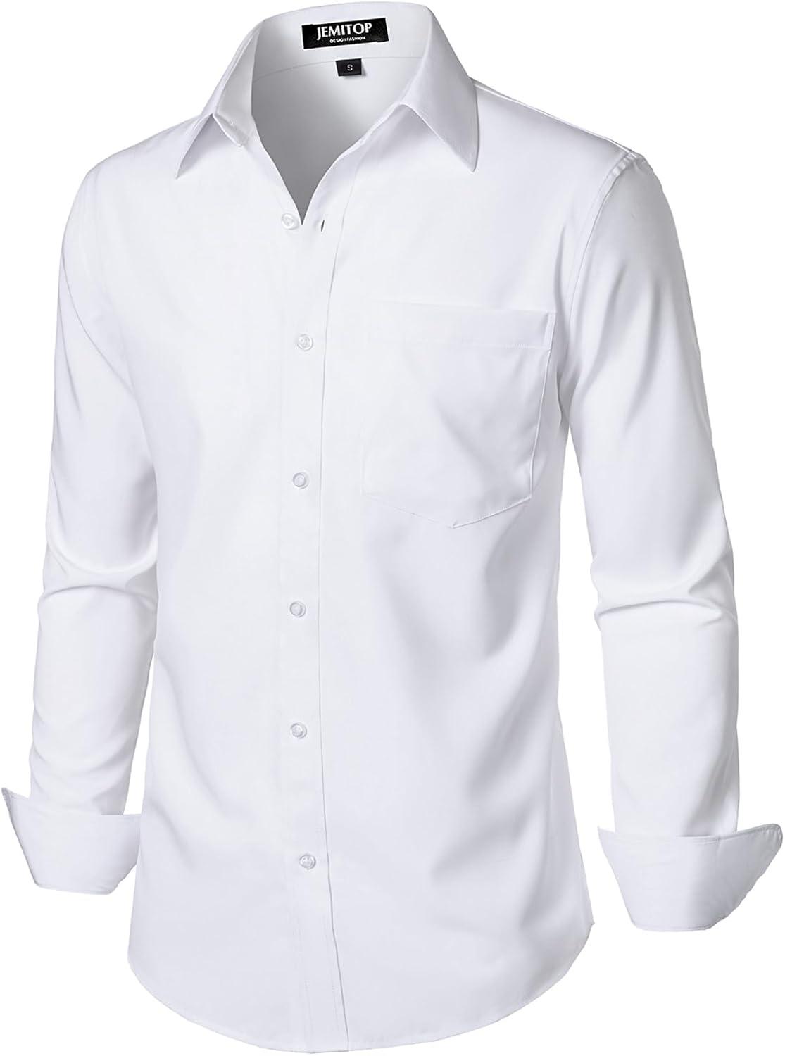 imageJEMITOP Mens Stretch Regular Fit Long Sleeve Dress Shirts Business Casual Button Down Shirts with PocketWhite