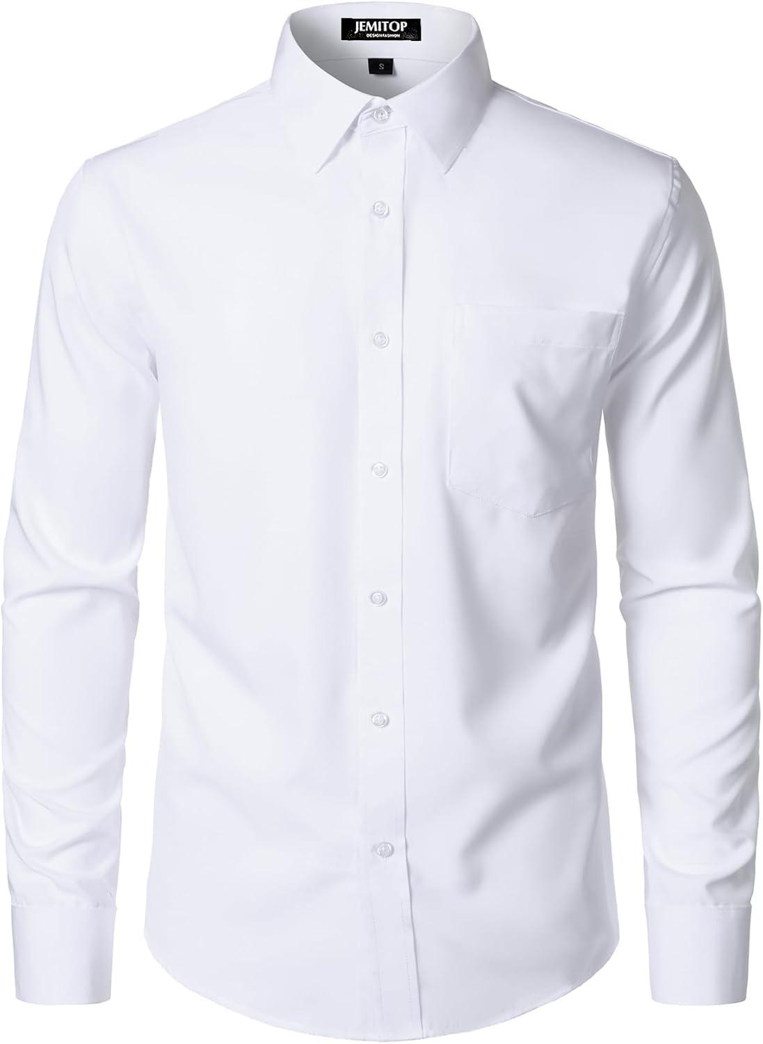 imageJEMITOP Mens Stretch Regular Fit Long Sleeve Dress Shirts Business Casual Button Down Shirts with PocketWhite