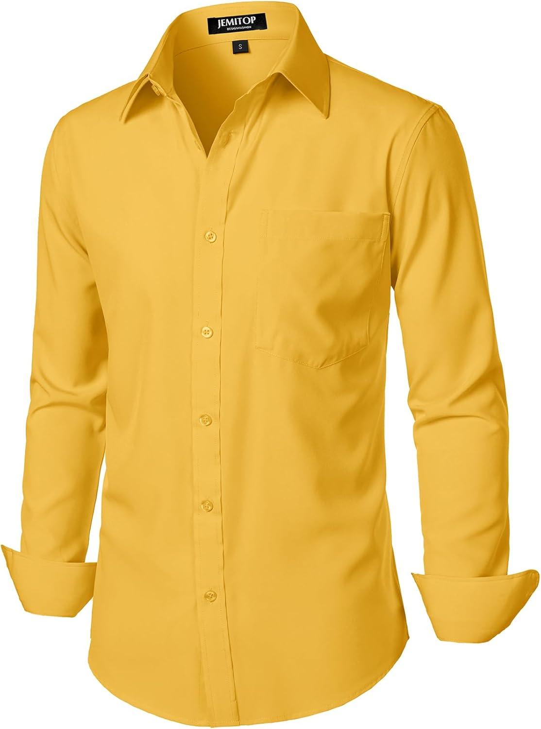 imageJEMITOP Mens Stretch Regular Fit Long Sleeve Dress Shirts Business Casual Button Down Shirts with PocketYellow