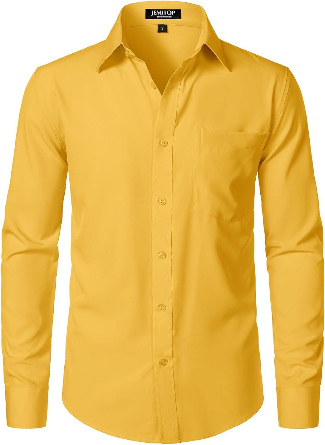 imageJEMITOP Mens Stretch Regular Fit Long Sleeve Dress Shirts Business Casual Button Down Shirts with PocketYellow
