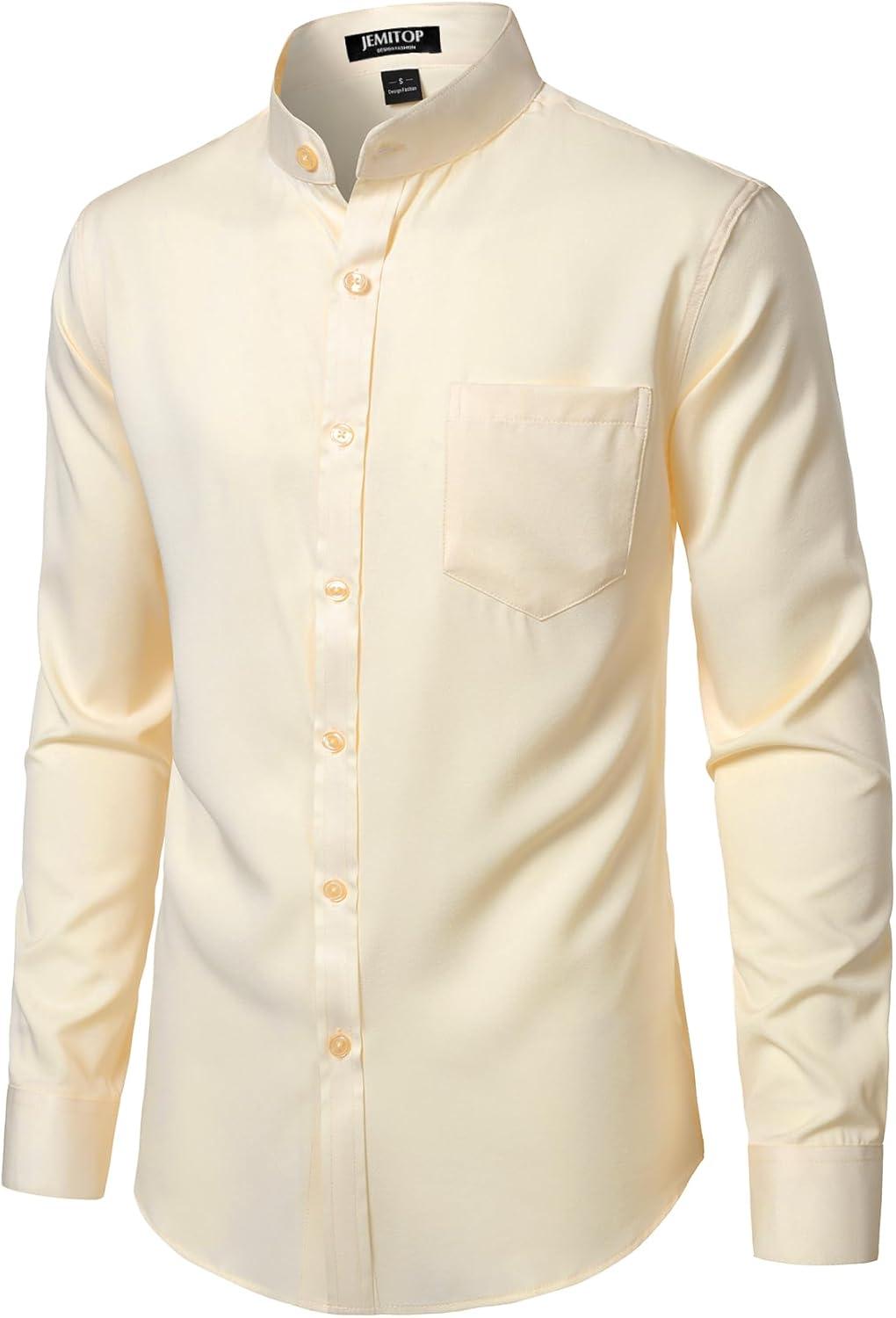 imageJEMITOP Mens Stretch Slim Fit Mandarin Collar Button Down Shirts Long Sleeve Collarless Dress Shirt with PocketBeige
