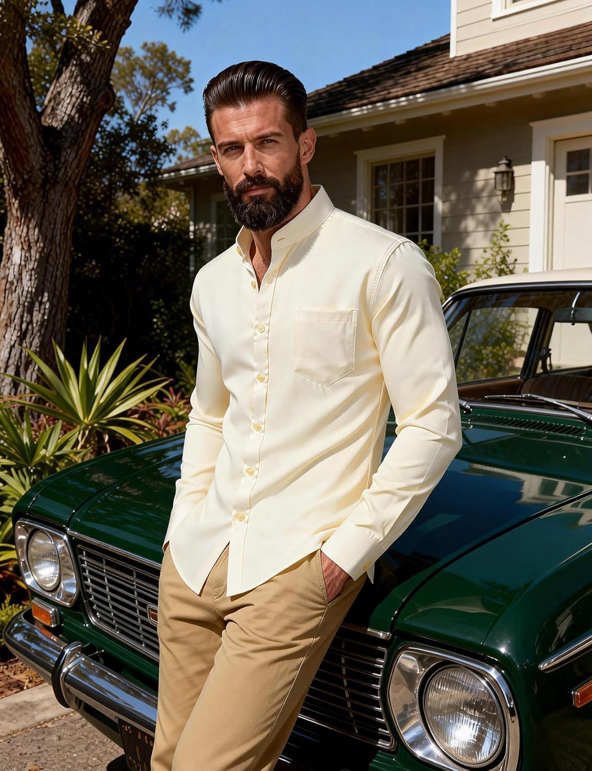 imageJEMITOP Mens Stretch Slim Fit Mandarin Collar Button Down Shirts Long Sleeve Collarless Dress Shirt with PocketBeige