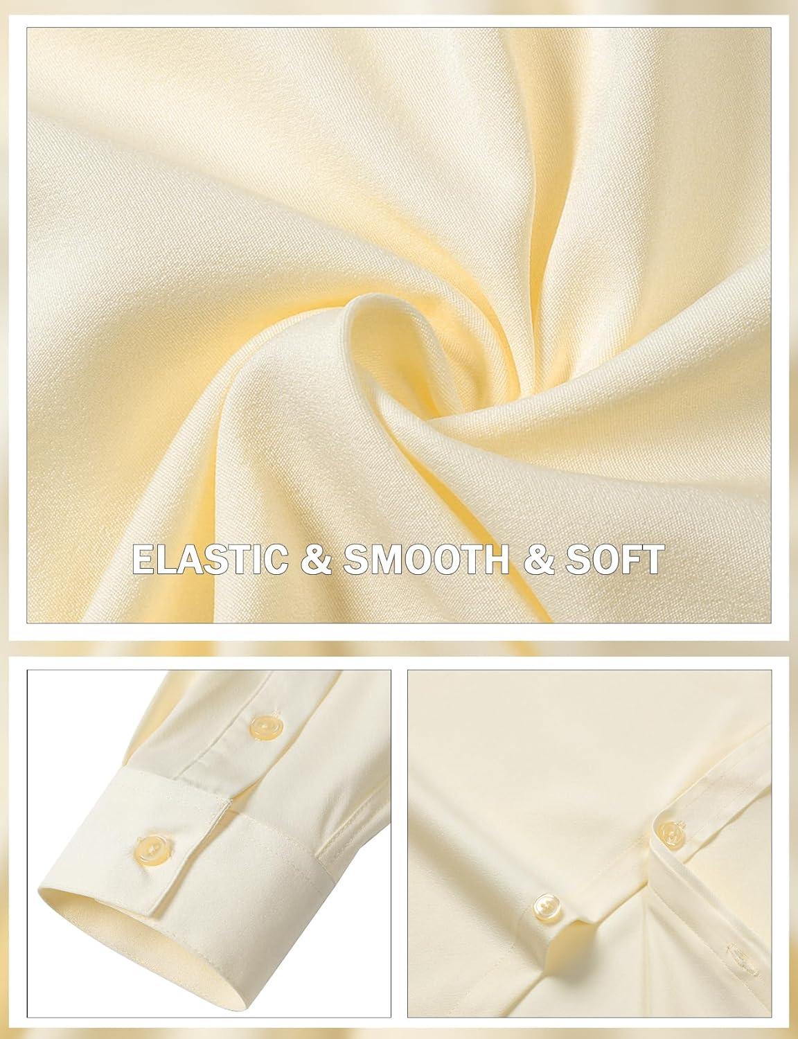 imageJEMITOP Mens Stretch Slim Fit Mandarin Collar Button Down Shirts Long Sleeve Collarless Dress Shirt with PocketBeige