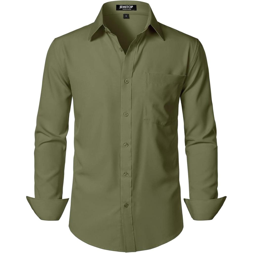 imageJEMITOP Mens Stretch Regular Fit Long Sleeve Dress Shirts Business Casual Button Down Shirts with PocketArmy Green