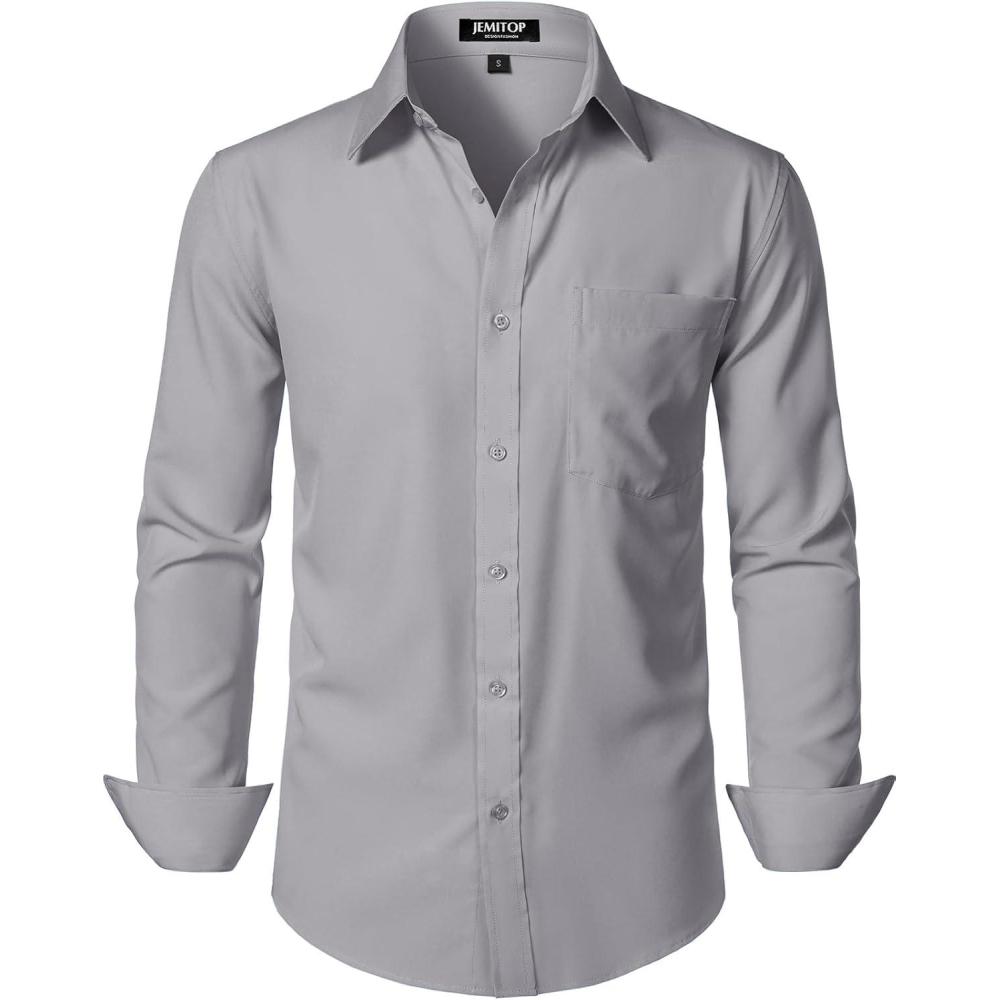imageJEMITOP Mens Stretch Regular Fit Long Sleeve Dress Shirts Business Casual Button Down Shirts with PocketGrey