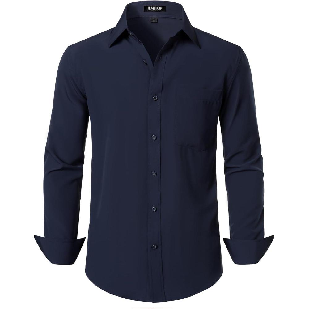imageJEMITOP Mens Stretch Regular Fit Long Sleeve Dress Shirts Business Casual Button Down Shirts with PocketNavy Blue