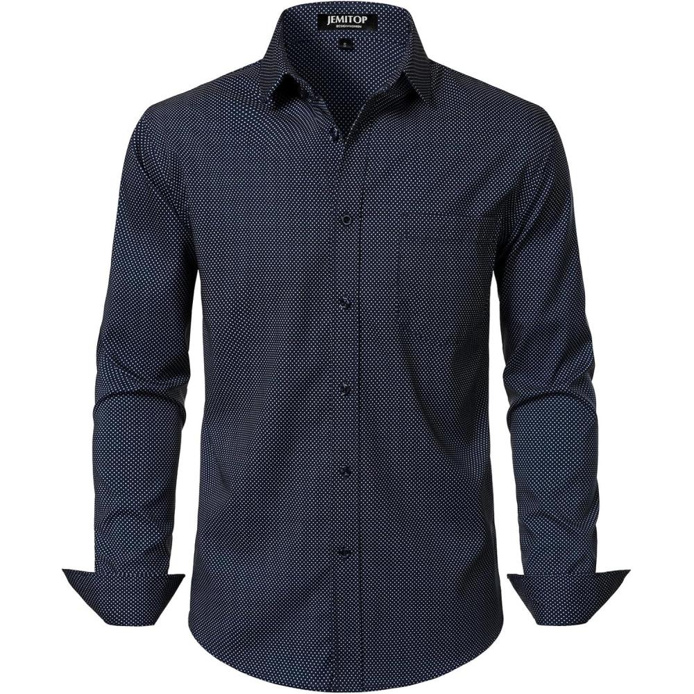 imageJEMITOP Mens Stretch Regular Fit Long Sleeve Dress Shirts Business Casual Button Down Shirts with PocketNavy White Polka Dots