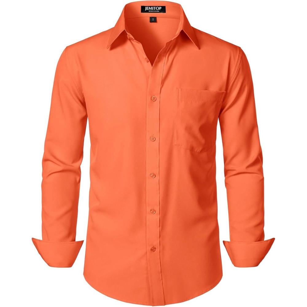 imageJEMITOP Mens Stretch Regular Fit Long Sleeve Dress Shirts Business Casual Button Down Shirts with PocketOrange