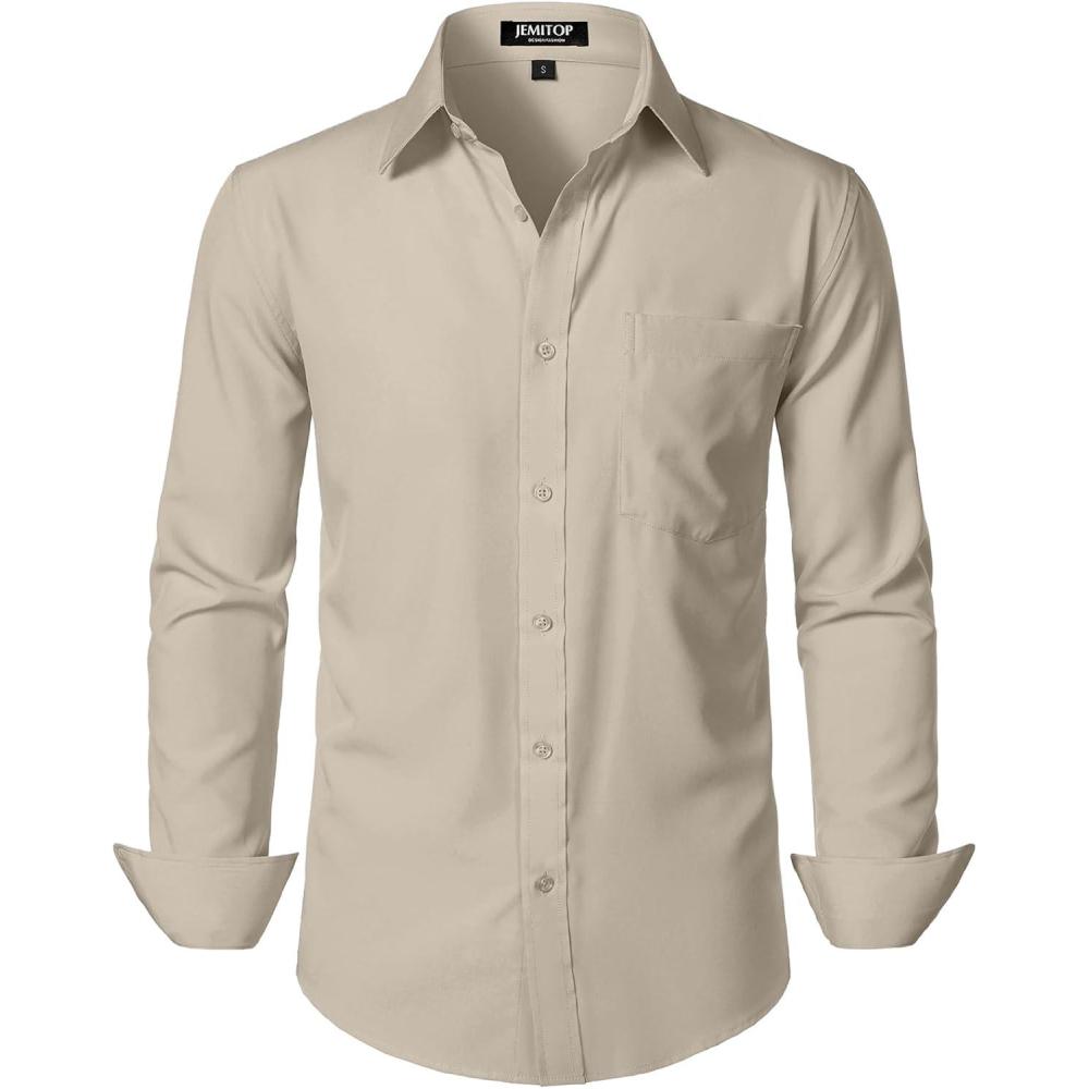 imageJEMITOP Mens Stretch Regular Fit Long Sleeve Dress Shirts Business Casual Button Down Shirts with PocketTan