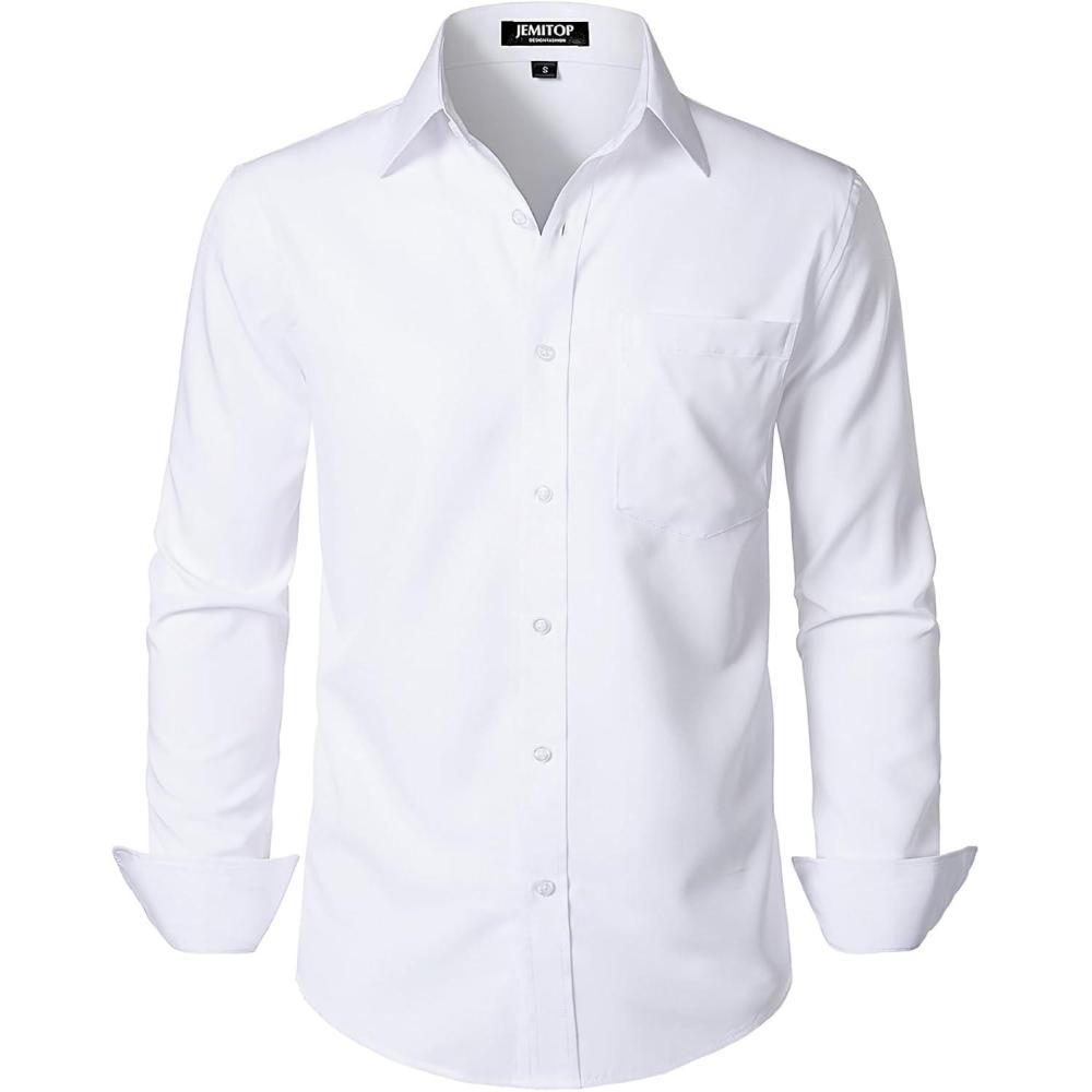 imageJEMITOP Mens Stretch Regular Fit Long Sleeve Dress Shirts Business Casual Button Down Shirts with PocketWhite