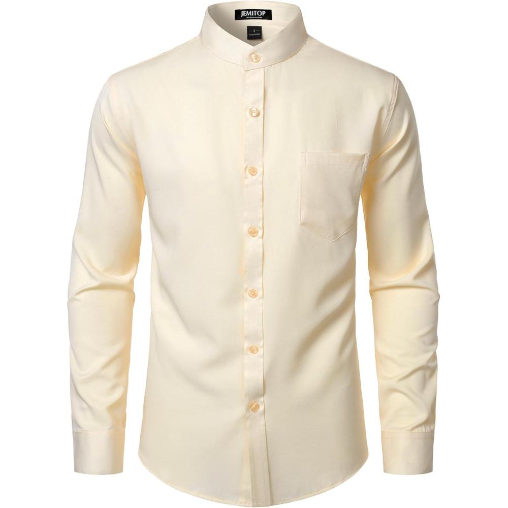 imageJEMITOP Mens Stretch Slim Fit Mandarin Collar Button Down Shirts Long Sleeve Collarless Dress Shirt with PocketBeige