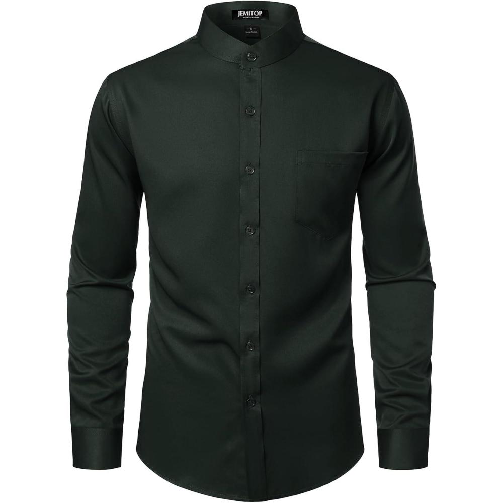 imageJEMITOP Mens Stretch Slim Fit Mandarin Collar Button Down Shirts Long Sleeve Collarless Dress Shirt with PocketDark Green
