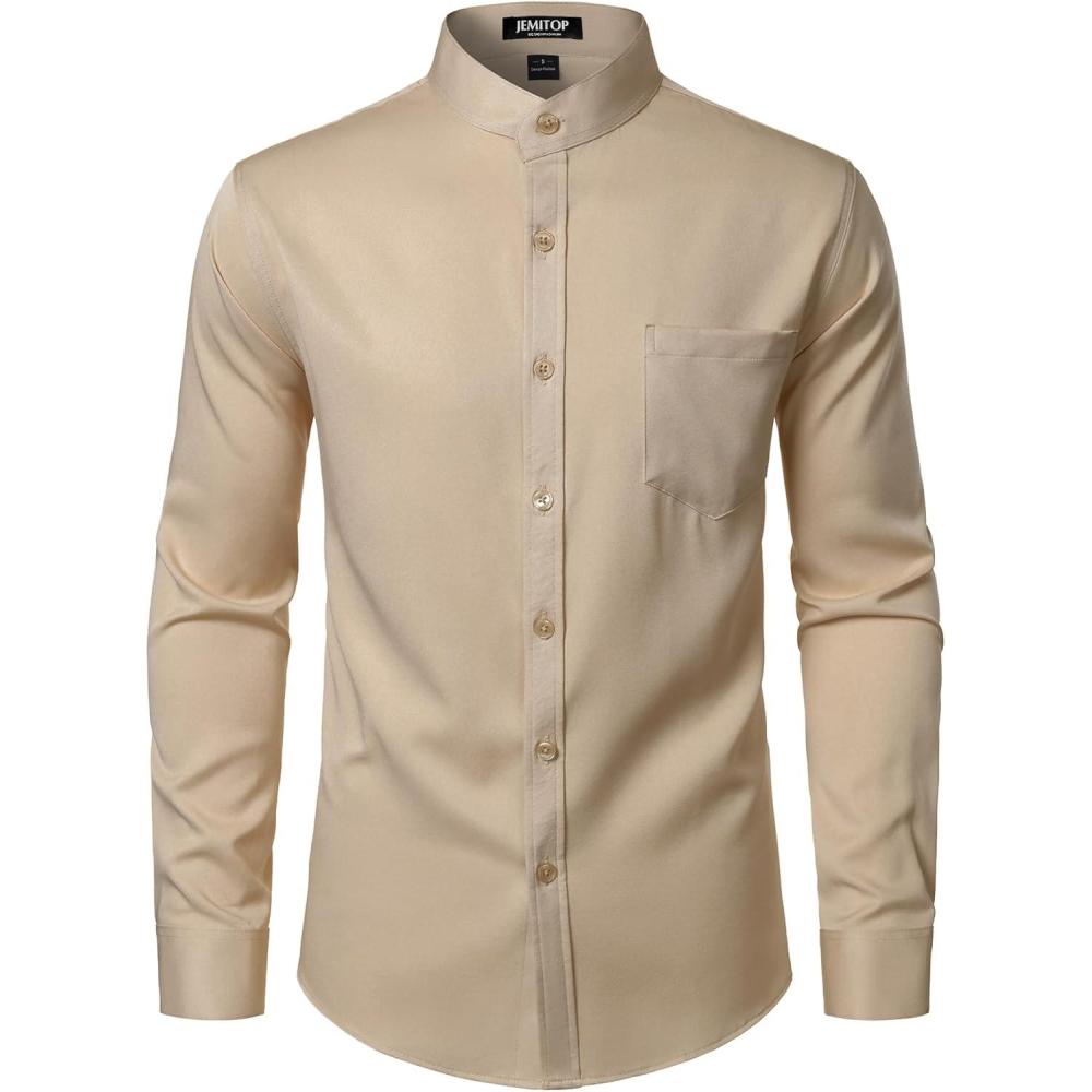 imageJEMITOP Mens Stretch Slim Fit Mandarin Collar Button Down Shirts Long Sleeve Collarless Dress Shirt with PocketKhaki