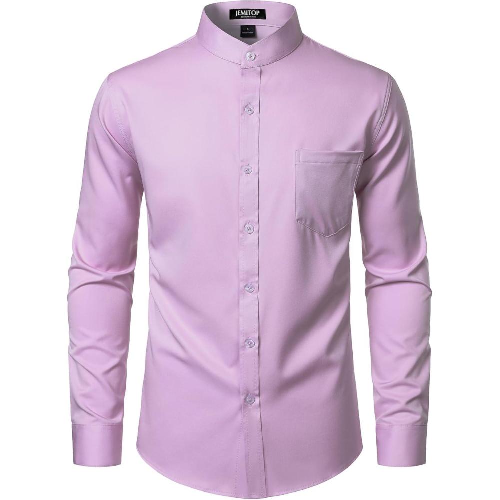 imageJEMITOP Mens Stretch Slim Fit Mandarin Collar Button Down Shirts Long Sleeve Collarless Dress Shirt with PocketLavender Purple