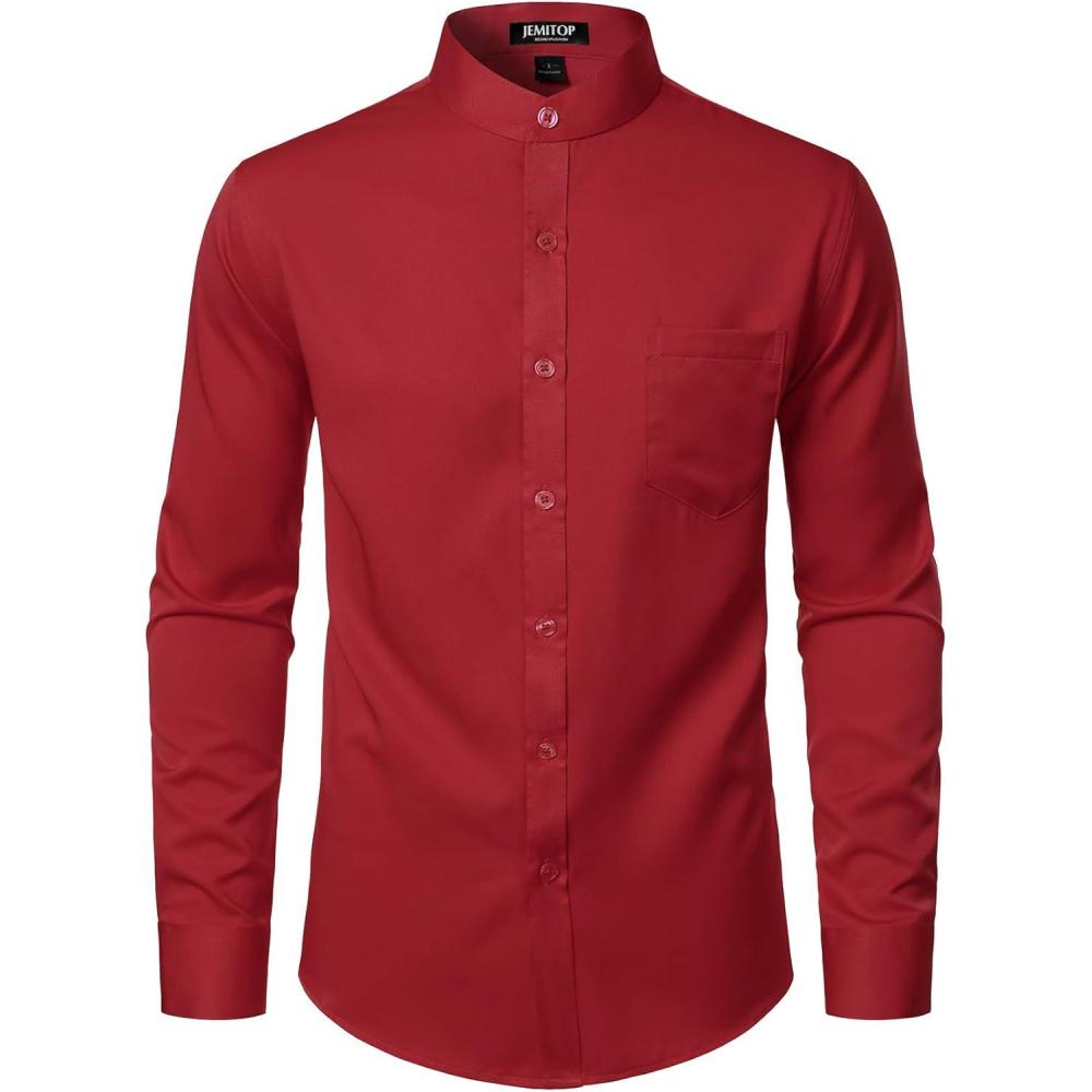 imageJEMITOP Mens Stretch Slim Fit Mandarin Collar Button Down Shirts Long Sleeve Collarless Dress Shirt with PocketRed