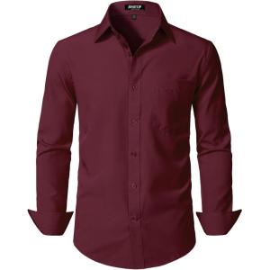 JEMITOP Men’s Stretch Regular Fit Long Sleeve Dress Shirts Business Casual Button Down Shirts with Pocket(Burgundy)