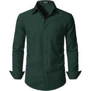 JEMITOP Men’s Stretch Regular Fit Long Sleeve Dress Shirts Business Casual Button Down Shirts with Pocket(Dark Green)