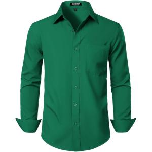JEMITOP Men’s Stretch Regular Fit Long Sleeve Dress Shirts Business Casual Button Down Shirts with Pocket(Green)