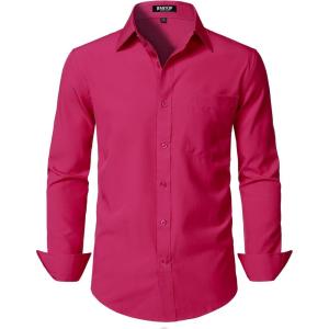 JEMITOP Men’s Stretch Regular Fit Long Sleeve Dress Shirts Business Casual Button Down Shirts with Pocket(Hot Pink)