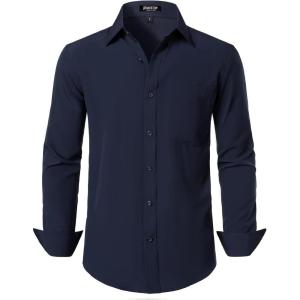 JEMITOP Men’s Stretch Regular Fit Long Sleeve Dress Shirts Business Casual Button Down Shirts with Pocket(Navy Blue)
